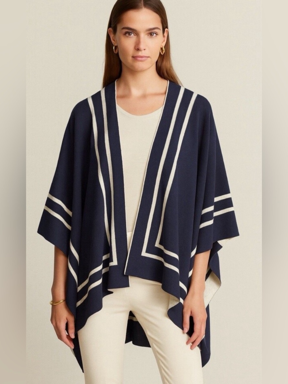 Ralph Lauren Black Label Knit Jet Set Ruana Reversible Navy White Wrap OS NWT